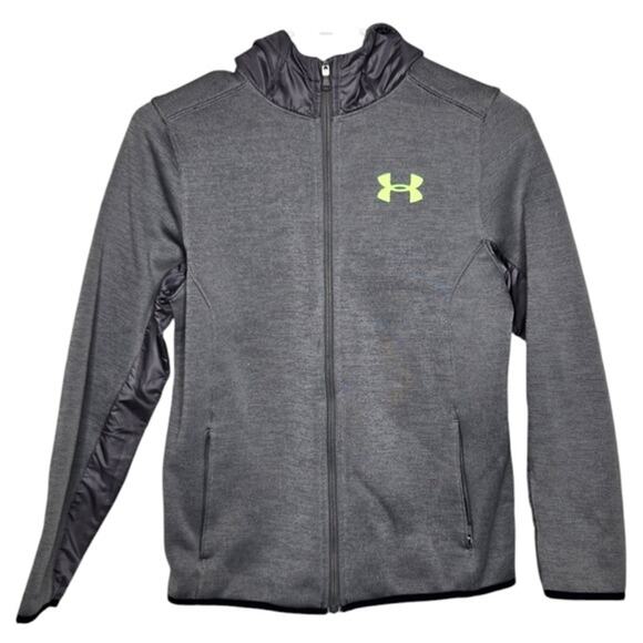 Under Armour Other - Under Armour Grey Full Zip Fleece Lined Jacket Lime Green Logo Boys Size Youth M